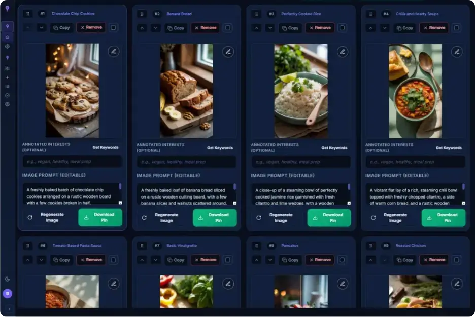 PinLaunchr pin review screen showing a grid of generated recipe pins, each with an editable image prompt, keyword field, and Regenerate Image and Download Pin buttons