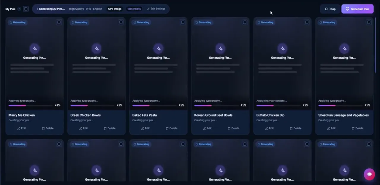 PinLaunchr bulk-generating a batch of 20 Pinterest pins at once, each card showing generation progress, a pin title, and Edit and Delete controls
