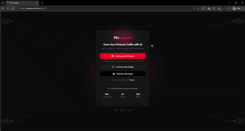 Connecting a Pinterest account and opening the PinLaunchr dashboard