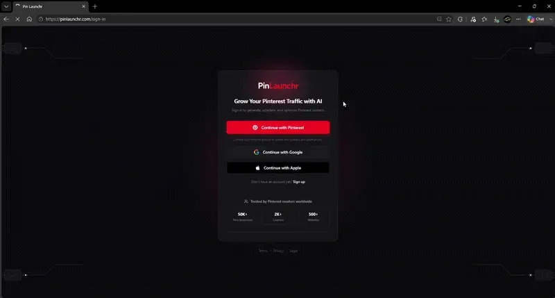 Connecting a Pinterest account and opening the PinLaunchr dashboard